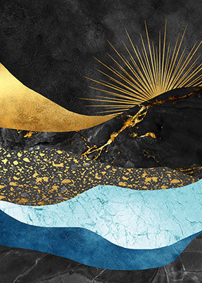 Wadi Home abstract mountain landscape wall art with black, gold, and blue waves. Modern art for living rooms.