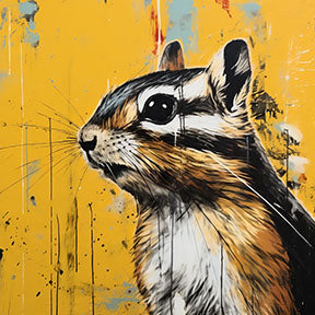 Wadi Home chipmunk portrait wall art with textured yellow background, featuring detailed illustration and dynamic composition.