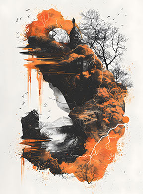 Wadi Home abstract mountain landscape wall art with fiery orange, black, and white abstract forms and textured brushstrokes.