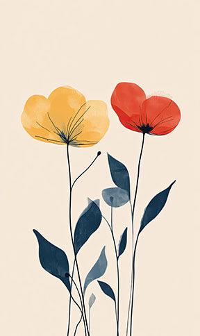 Wadi Home abstract floral wall art with yellow and red flowers and blue leaves on a cream background.