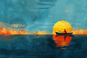 Wadi Home canvas wall art depicting a lone figure in a boat silhouetted against a large yellow sun over a dark blue ocean.