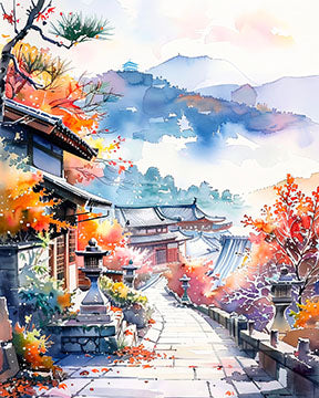 Wadi Home Japanese village watercolor landscape art with autumn trees and traditional architecture.
