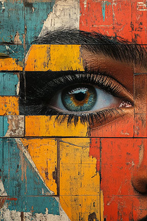 Wadi Home abstract eye portrait wall art on distressed wood panels in red, yellow, and blue. Modern art.