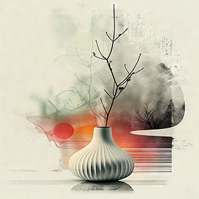 Wadi Home abstract botanical still life wall art featuring a minimalist vase with branches, muted tones, orange and green accents.