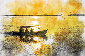 Wadi Home sunset boat ride watercolor wall art with vibrant yellow and orange hues, depicting a serene scene.