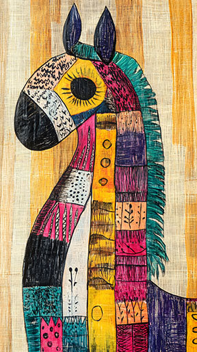 Wadi Home abstract horse wall art with colorful mosaic pattern on textured background.