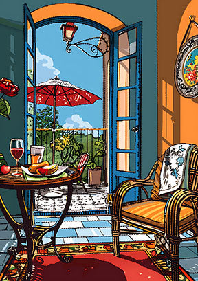 Wadi Home Mediterranean balcony scene wall art with open doorway, red umbrella, table with drinks and fruit, and rattan chair.