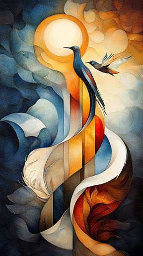 Wadi Home Abstract Bird and Sun Wall Art featuring a vibrant, modern design with birds and a radiant sun in warm oranges, blues, and yellows.