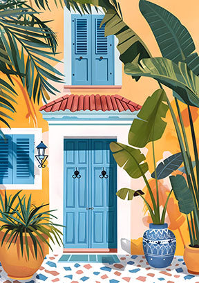 Wadi Home Mediterranean courtyard canvas art with blue door, plants, and terrazzo floor. Yellow and blue hues.