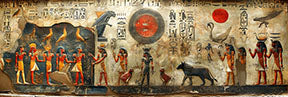 Wadi Home Egyptian hieroglyphics wall art, featuring figures and symbols in red, gold, and blue tones.