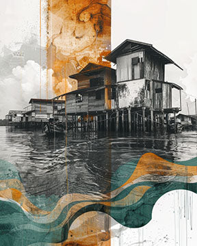 Wadi Home abstract coastal village artwork with black and white photography, orange and teal abstract elements, and stilt houses over water.