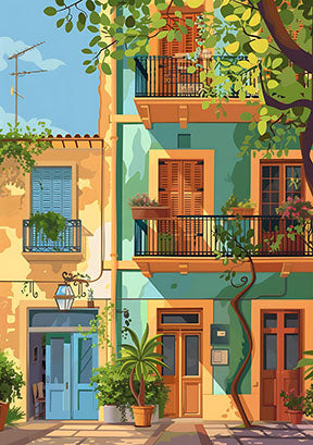 Wadi Home Mediterranean building facade art print with colorful balconies, greenery, and blue shutters.