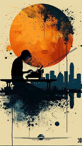 Wadi Home abstract cityscape artwork with a large orange sun, silhouetted figure at a typewriter, and city skyline.