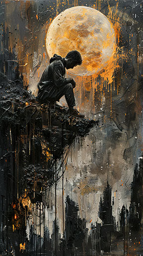 Wadi Home canvas print: Man sitting on cliff overlooking cityscape under full moon, moody colors, dramatic contrast.