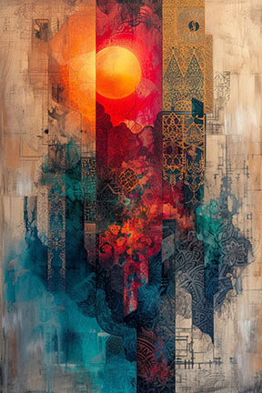 Wadi Home abstract sunburst cityscape wall art with vibrant oranges, reds, and blues. Layered design evokes depth and modern sophistication.