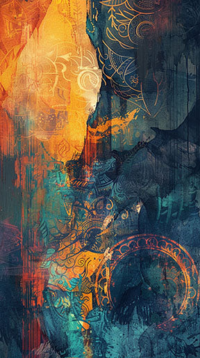 Wadi Home abstract wall art with warm oranges and deep teals, featuring swirls and geometric patterns.