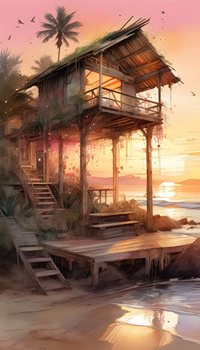 Wadi Home tropical beach house wall art at sunset, watercolor style, warm orange and pink sky.