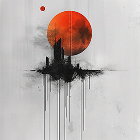 Wadi Home abstract cityscape wall art with a large red moon and black silhouetted buildings.