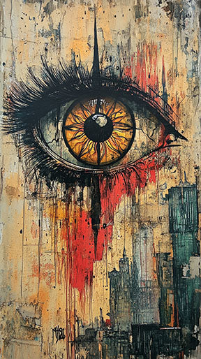 Wadi Home abstract eye wall art with vibrant yellow, red, and blue tones, textured background, and urban elements.
