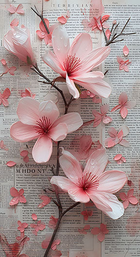 Wadi Home floral branch wall art with soft pink blossoms on vintage text background.