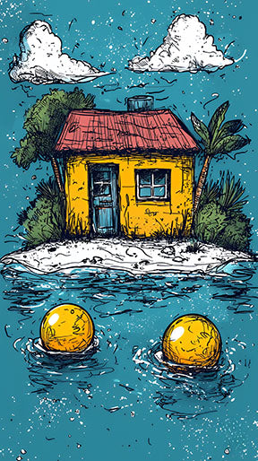 Wadi Home whimsical island house artwork with yellow house, red roof, palm tree, and two floating yellow orbs on turquoise water.