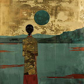 Wadi Home serene landscape wall art with figure in gold patterned robe, teal water, and gold textured sky.