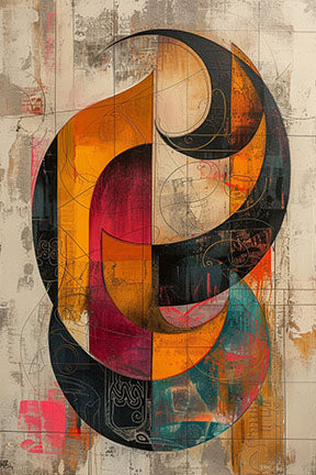 Wadi Home abstract geometric canvas art with orange, red, black, and teal colors. Textured background.
