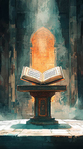 Wadi Home Islamic calligraphy illuminated manuscript artwork on an ornate stand, bathed in light. Moody tones, intricate details.