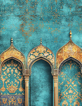 Wadi Home Islamic Archway Canvas Wall Art, turquoise with gold detailing, triptych design.