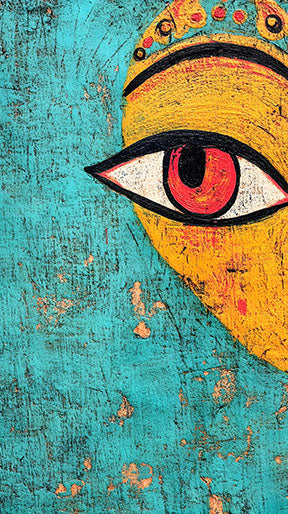 Wadi Home Abstract Eye Canvas Wall Art with turquoise and yellow background, red eye motif.