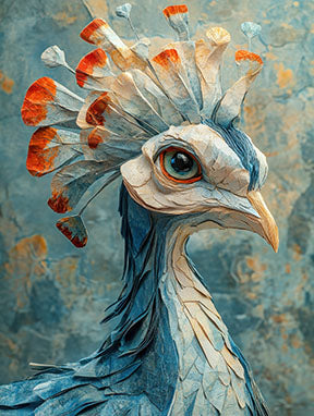 Wadi Home Majestic Peacock Portrait Wall Art with vibrant blues and orange accents, detailed depiction of a peacock's head.