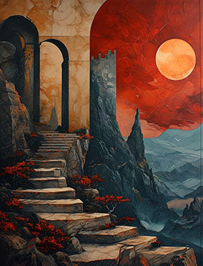 Wadi Home abstract stairway wall art with red sun, mountains, and ancient architecture. Rich reds and earthy tones.