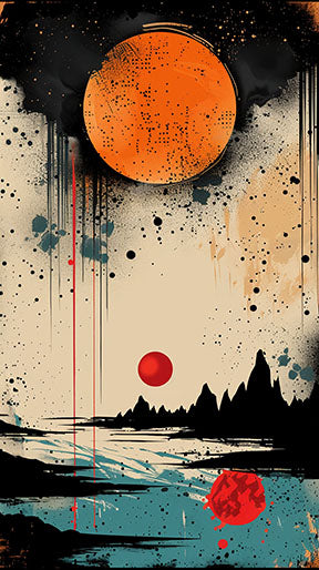 Wadi Home abstract canvas print featuring a vibrant orange sun, silhouetted mountains, and turquoise water with red accents.