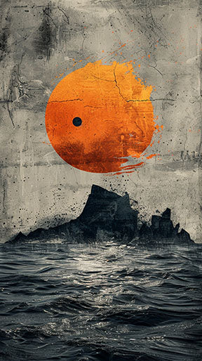 Wadi Home abstract artwork of a textured orange sun over a dark, choppy ocean with rocky outcrops. Modern wall art.