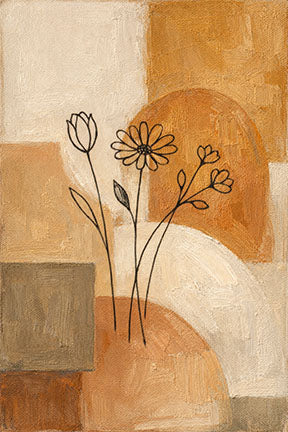 Wadi Home abstract floral line art canvas print with beige, tan, and rust background. Minimalist design.