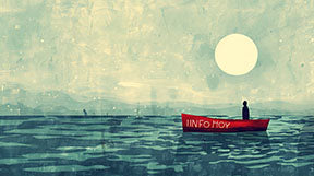 Wadi Home artwork: Red boat with person and 'INFO HOY' text on calm water under a full moon.