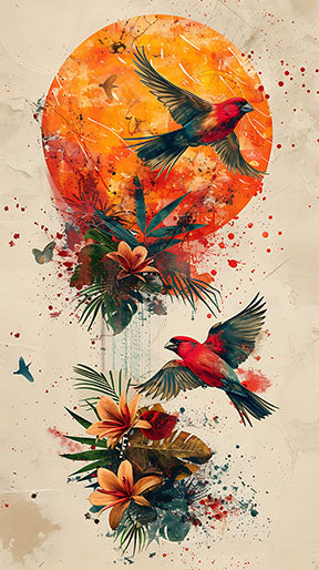 Wadi Home Abstract Birds and Sun Wall Art with vibrant orange sun, red birds, and tropical foliage in watercolor style.