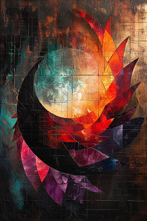 Wadi Home abstract geometric wall art with vibrant red, orange, and teal colors, featuring sharp angular shapes reminiscent of stained glass.