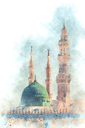 Wadi Home Islamic Mosque watercolor art print with green dome and minarets, serene spiritual decor.