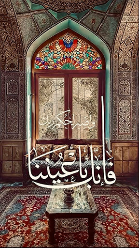 Wadi Home Islamic calligraphy artwork featuring Arabic script against intricate patterns and stained-glass window. Spiritual art for home decor.