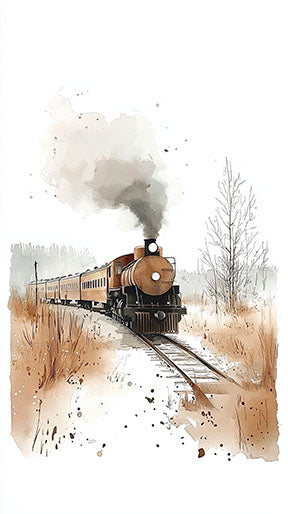 Wadi Home vintage train watercolor art print, featuring a steam engine with smoke billowing, set against a rustic, snowy landscape.