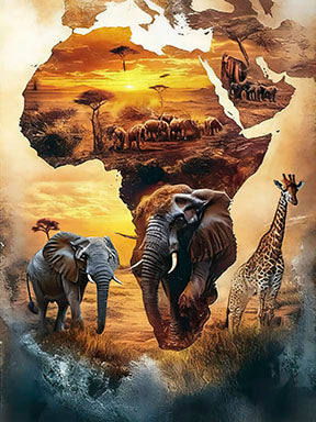 Wadi Home African Wildlife Safari Landscape Wall Art featuring elephants and giraffe against a sunset map of Africa.
