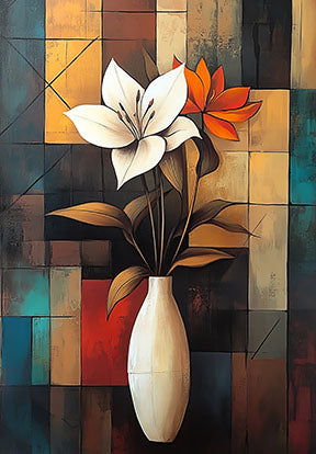 Wadi Home Abstract Floral Still Life Wall Art featuring a white lily and orange bloom in a minimalist vase against a geometric background.
