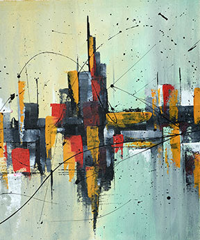 Wadi Home abstract cityscape canvas art with reds, yellows, blacks, and blues. Textured finish, modern design.