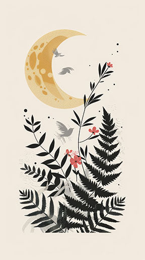 Wadi Home Celestial Fern Garden wall art featuring a yellow crescent moon, dark green ferns, and pink flowers with birds flying. Botanical illustration style.