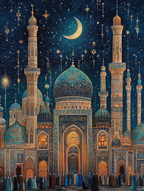 Wadi Home Islamic art print of a majestic mosque under a starry night sky with a crescent moon. Rich blues, golds, and teals.
