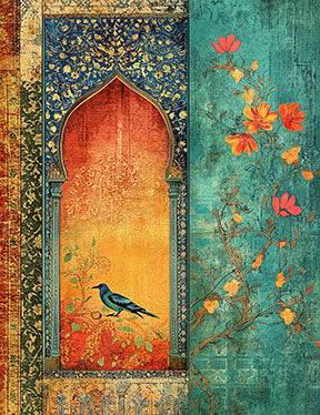 Wadi Home Ornate Archway wall art with bird and floral accents in warm oranges and deep teals.