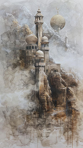 Wadi Home Islamic mosque landscape wall art with muted earthy tones, depicting a majestic mosque on a rocky cliff amidst misty mountains.