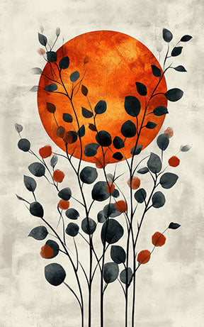 Wadi Home Abstract Botanical Sunburst Wall Art with orange sun and dark blue leaves.