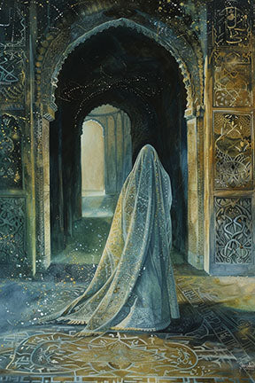 Wadi Home watercolor painting of a figure in a veil inside an ornate archway, with blue and gold hues.